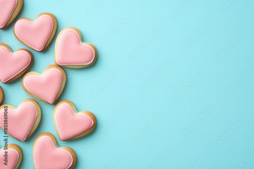 Fototapeta premium Valentine themed cookies arranged on pastel blue for promotion purposes, Colorful pink heart shaped cookies placed randomly on soft pastel blue backdrop for seasonal advertising and marketing