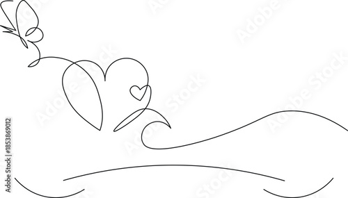 A delicate continuous line drawing depicts a graceful butterfly ascending towards a beautiful heart, symbolizing love, transformation, and freedom.

