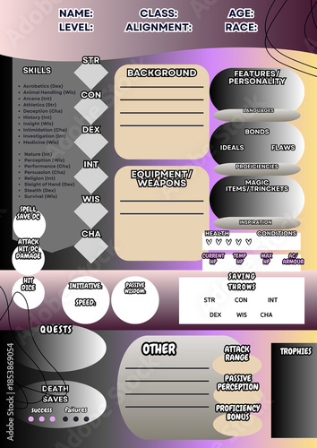 DND RPG CHARACTER SHEETS, SHEETS FOR TABLETOP ROLEPLAYING GAMES, DUNGEONS AND DRAGONS CHARACTER JOURNAL