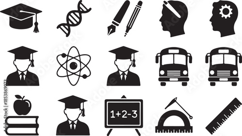 Comprehensive Vector Set of Fifteen Education Icons Featuring Graduation Caps School Buses Science Symbols and Classroom Supplies