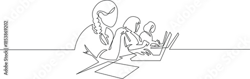 A modern continuous line illustration depicts three focused individuals collaborating and working diligently on laptops at their desks.

