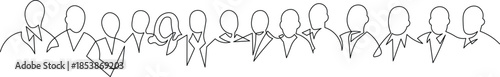 A long continuous line forms a powerful graphic representation of a diverse group of eleven individuals standing together, some with arms crossed.

