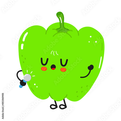 Green bell pepper cartoon character singing with microphone