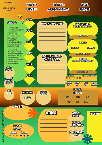 DND RPG CHARACTER SHEETS, SHEETS FOR TABLETOP ROLEPLAYING GAMES, DUNGEONS AND DRAGONS CHARACTER JOURNAL