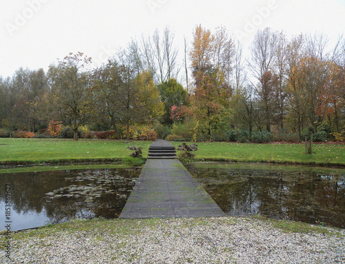 Bridge in the park. Minimalist view. Nature backdrop. Beautiful natural flyer, card design. Nature Template for presentation or product 