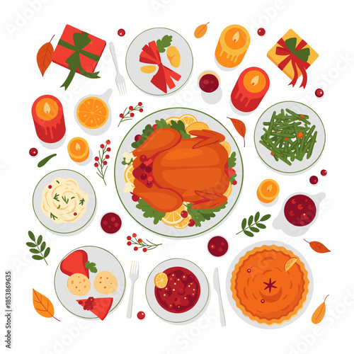 Thanksgiving Feast: A festive holiday spread, a top-down view of a classic Thanksgiving feast, featuring a roasted turkey surrounded by various delectable dishes.