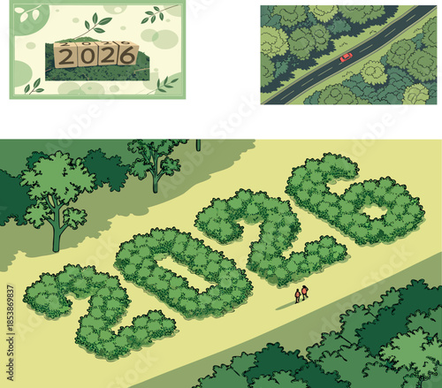 2026 New Year Concept Set - Aerial View of Forest Road with Red Car and Large 2026 Topiary Bushes Illustration