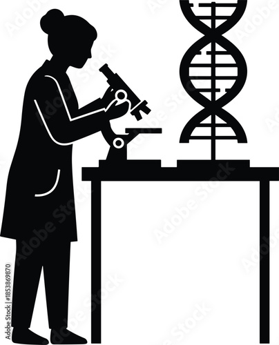 Scientist researching DNA structure using microscope in laboratory, genetics analysis concept, biotechnology research, medical science innovation, molecular biology experiment silhouette illustration