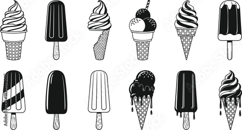 Collection of assorted ice cream and popsicle illustrations in black and white, detailed dessert vector set perfect for summer food designs