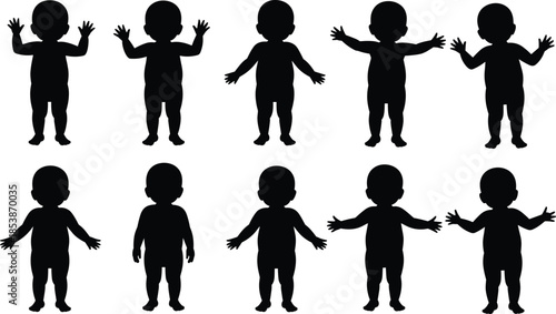 Collection of baby silhouettes in multiple standing poses, vector toddler figures for child development, black infant posture design illustration set