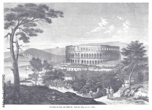 Historic Colosseum-Like Amphitheater Above Pola Town, Hills, and Sea — 19th Century Engraving Illustration