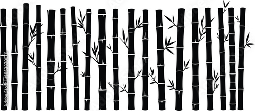 Collection of bamboo stalk silhouettes with leaves in vertical arrangement, minimalist nature design elements perfect for Asian themes, decoration and botanical graphics