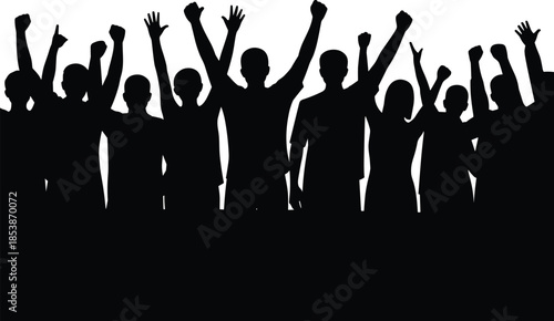 Silhouette crowd cheering together, raised hands celebration, group of people unity, concert audience energy, protest demonstration concept, community teamwork success background
