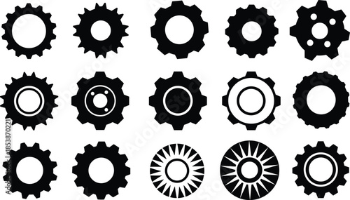 Collection of black gear icons, mechanical cogwheel shapes, industrial wheels vector, engineering tools set, circular gears design, flat silhouettes