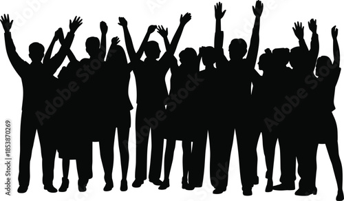 Silhouette crowd of people cheering, raised hands celebration, unity teamwork concept, diverse group standing together, success motivation, community support, event audience, black shadow figures