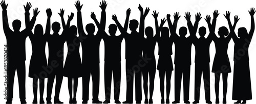 Silhouette group of people raising hands together, unity celebration teamwork concept, crowd standing in line, success motivation, community support, volunteer movement,