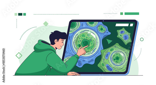 Engaging with digital microbiology, a student explores cell structures on a large touchscreen