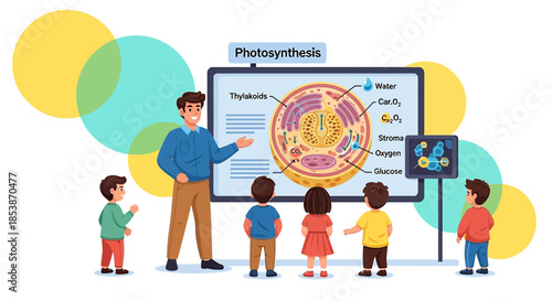 Enthusiastic teacher explaining photosynthesis to young, curious students in a classroom setting