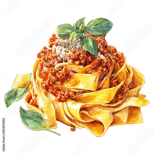 Watercolor vector illustration of Fettuccine Bolognese, isolated on white background.