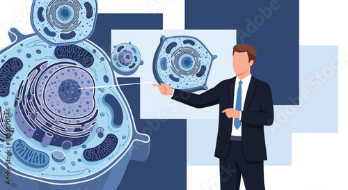 Expert elucidating intricate cellular biology, presenting a schematic of eukaryotic cells