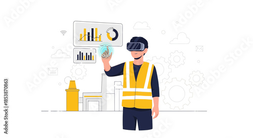 Factory worker utilizing virtual reality for data analysis and industrial operations oversight