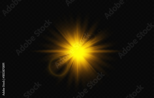 A bright golden beam of light, lens flare, and optical glow. Abstract sun effect with radiant rays, bokeh, and sparkles, isolated on a transparent background. Illustration for design.