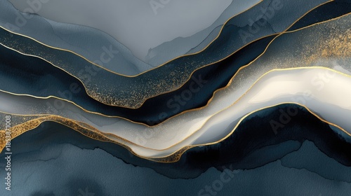 Abstract fluid art with gold and blue tones in a modern style