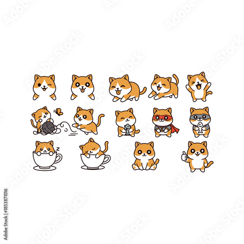 Adorable orange cat stickers in various cute playful poses