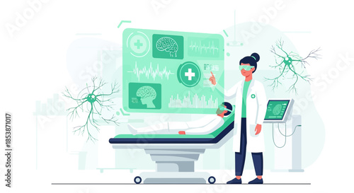Future of healthcare: Doctor using futuristic interface to examine patient for diagnosis and therapy