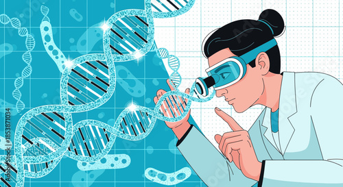 Future molecular exploration: A scientist examines the complexities of DNA using advanced technology