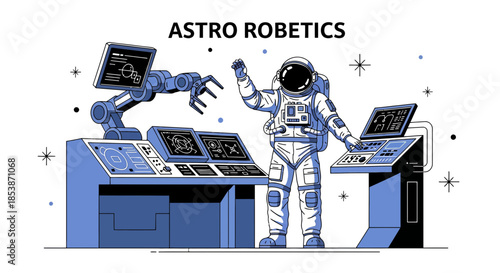 Futuristic astronaut interacting with advanced robotic system at space station console