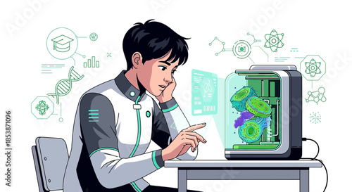 Futuristic biotech engineer working with a 3D bio printer in a modern laboratory