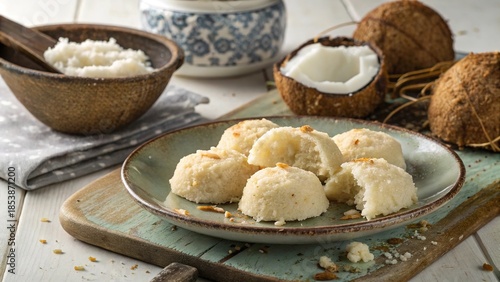 Cocada coconut sweets served on a rustic plate with fresh coconuts in a cozy setting