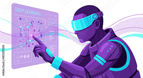 Futuristic interaction concept with deep learning interface and vr cyborg in vibrant purple tones