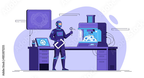 Futuristic laboratory scene showcasing robotic scientist with advanced biotechnology research