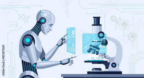 Futuristic laboratory with a humanoid robot conducting research using advanced microscope