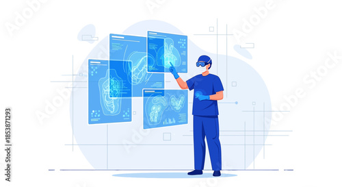 Futuristic medical diagnostics concept showcases doctor interacting with virtual anatomy screens