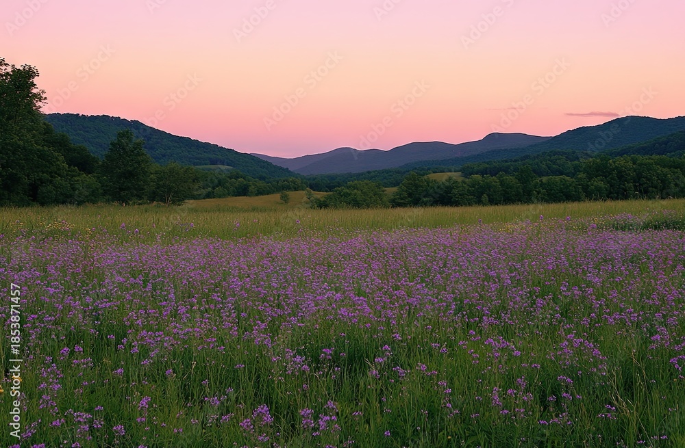 Fototapeta premium Peaceful twilight scene with a meadow of soft purple wildflowers against layered green hills and pink-purple sky