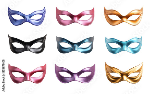 A set of vibrant masquerade masks in various colors, perfect for adding a touch of mystery and elegance to any event or design project.