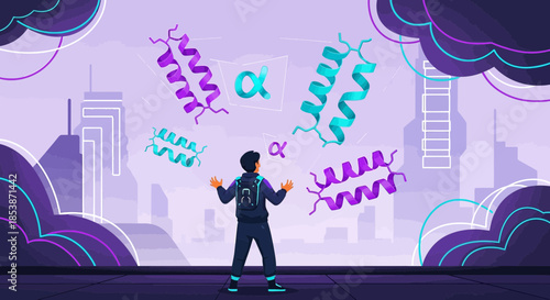 Futuristic representation of a biochemical engineer surrounded by protein structures in city