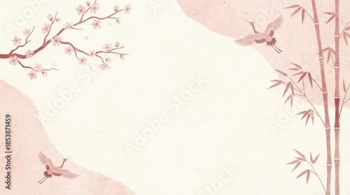 Elegant crane dance amid bamboo forest tranquil nature scene japanese aesthetic art serene environment soft color palette peaceful atmosphere for visual escape