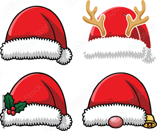 Set of Cartoon Santa Hats - Festive Christmas Headwear Illustrations with Reindeer Antlers, Holly, and Bells