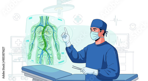 Futuristic surgical environment illustration showing a surgeon operating with technology assistance