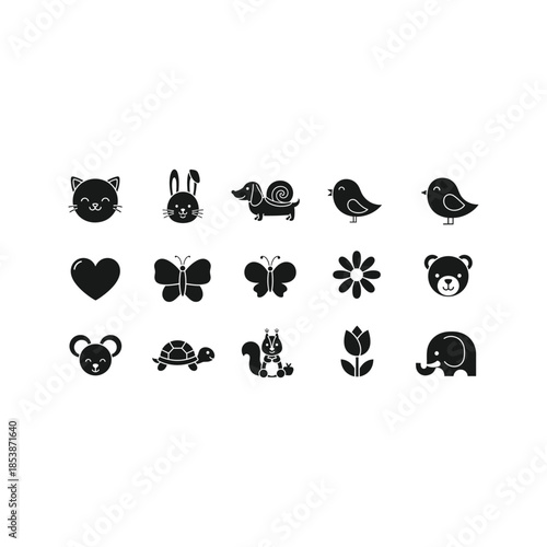 Cute animal silhouettes and nature icons in black