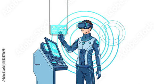 Futuristic VR interaction: Man navigating virtual interfaces in augmented reality technology