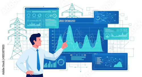 Illustrated business professional analyzing energy grid demand statistics and power systems