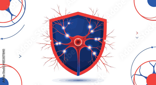 Illustrated neuron inside a shield representing neural protection and brain health concept