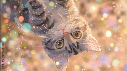 Cute kitten with sparkling bokeh background in whimsical illustration