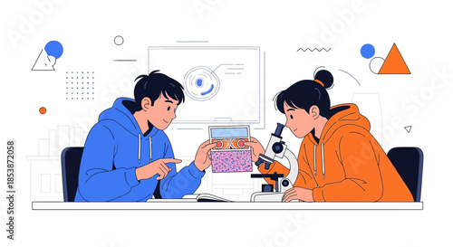 Illustration depicting teamwork in scientific research with microscope analysis and shared