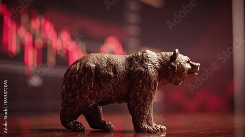 Bear Market Decline: A bronze bear statue symbolizing market downturn, against a backdrop of financial graphs plummeting, this image captures the ominous shadow of economic instability.